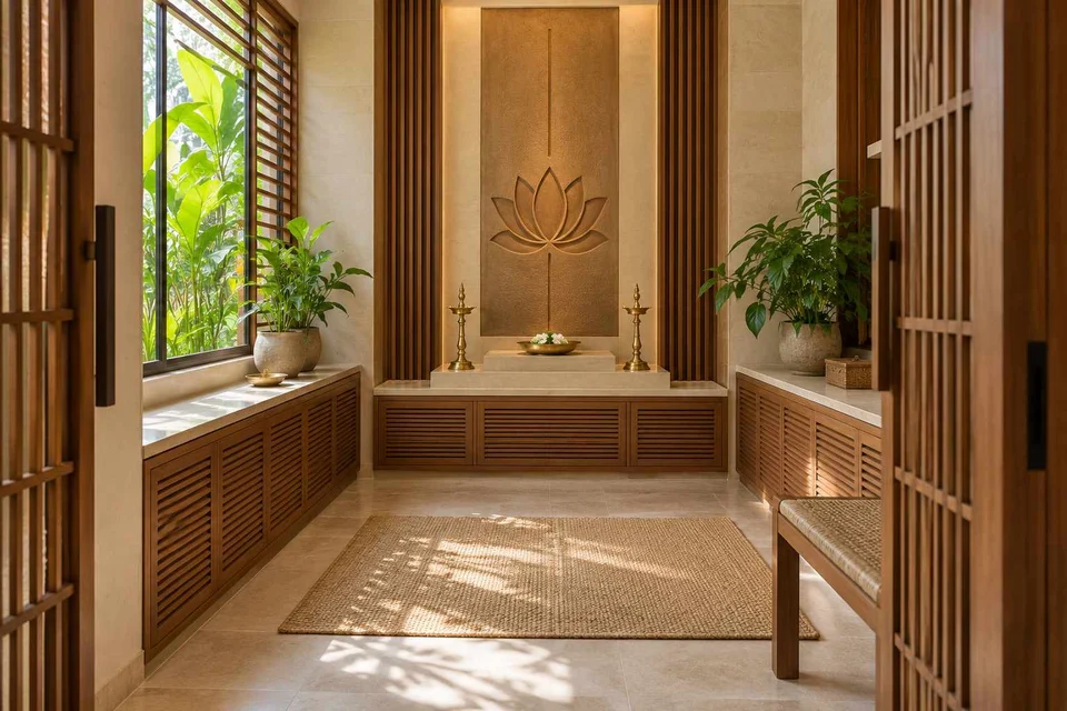 AI-generated puja room design concept: axial prayer chamber, tropical slatted direction