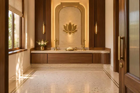 AI-generated puja room design concept: axial prayer chamber, urban deco direction