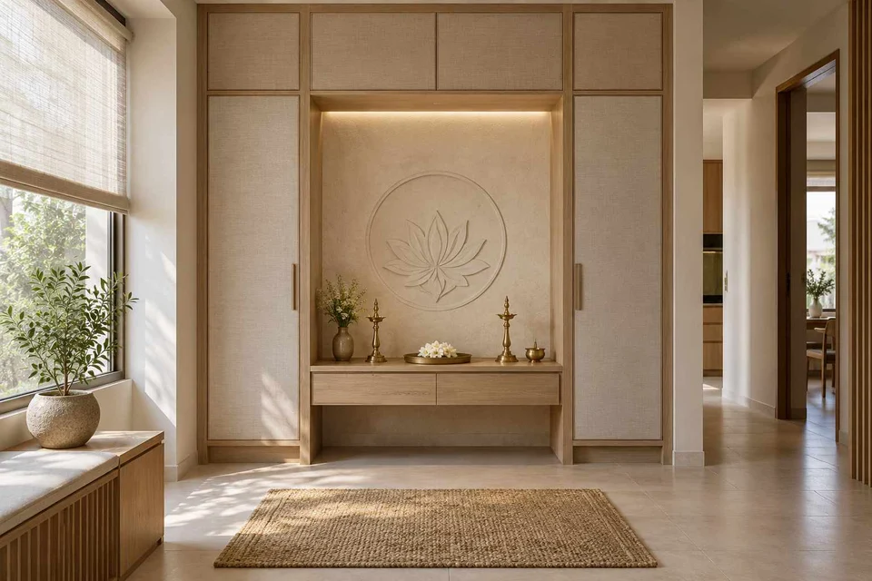AI-generated puja room design concept: bridge-framed shrine, ash and linen direction