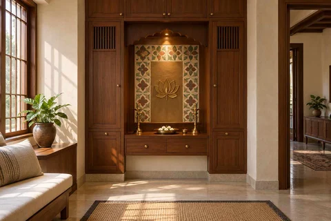AI-generated puja room design concept: bridge-framed shrine, chettinad tile direction