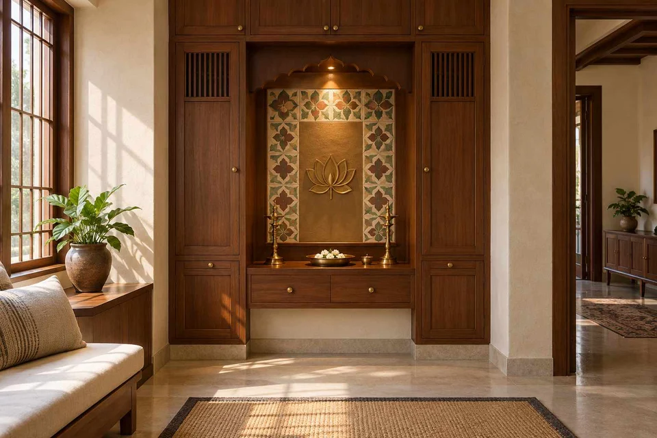 AI-generated puja room design concept: bridge-framed shrine, chettinad tile direction