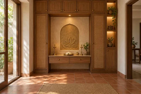 AI-generated puja room design concept: bridge-framed shrine, clay artisan direction