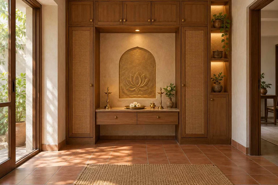 AI-generated puja room design concept: bridge-framed shrine, clay artisan direction