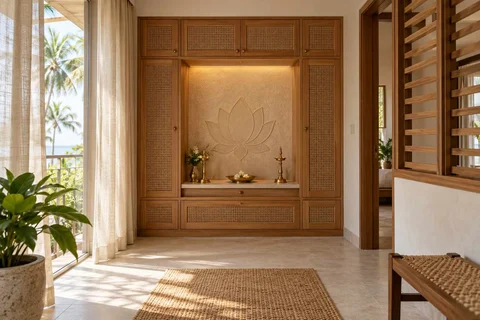 AI-generated puja room design concept: bridge-framed shrine, coastal woven direction