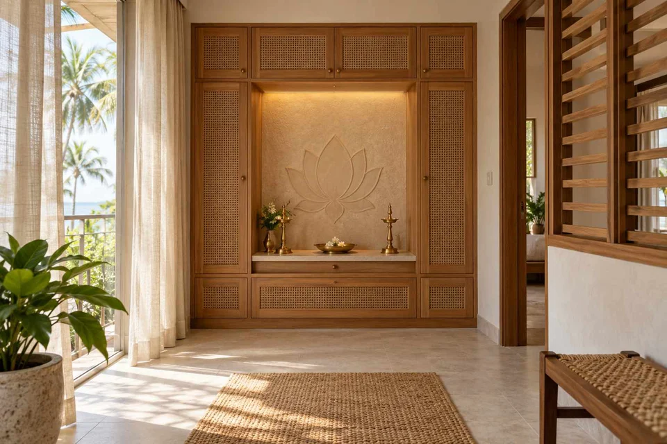 AI-generated puja room design concept: bridge-framed shrine, coastal woven direction