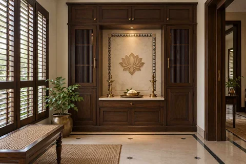 AI-generated puja room design concept: bridge-framed shrine, colonial quiet direction