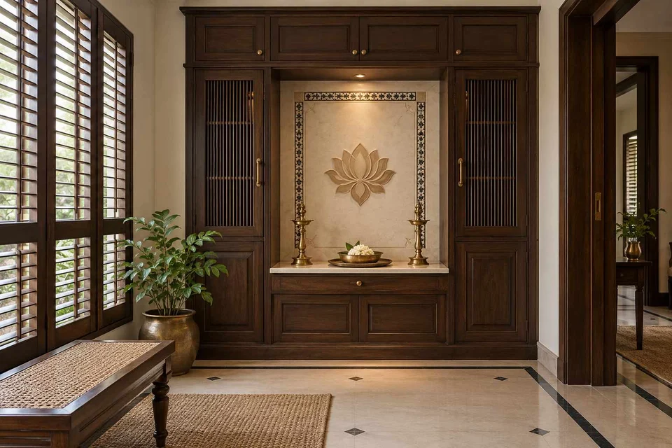 AI-generated puja room design concept: bridge-framed shrine, colonial quiet direction
