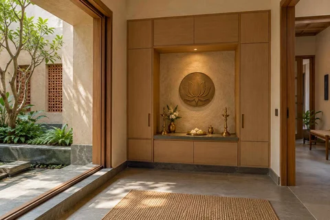 AI-generated puja room design concept: bridge-framed shrine, courtyard modern direction