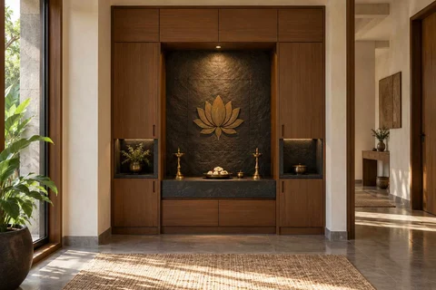 AI-generated puja room design concept: bridge-framed shrine, deccan stone direction
