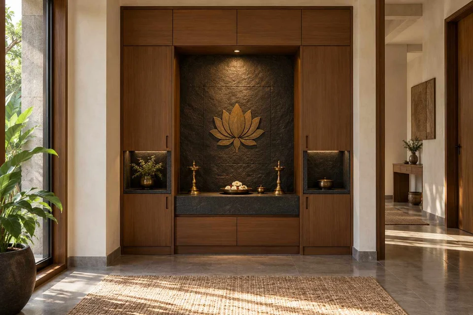 AI-generated puja room design concept: bridge-framed shrine, deccan stone direction