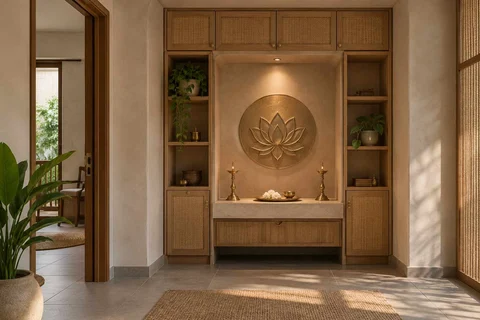 AI-generated puja room design concept: bridge-framed shrine, earth and bamboo direction