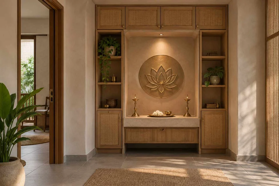 AI-generated puja room design concept: bridge-framed shrine, earth and bamboo direction