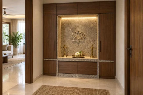 AI-generated puja room design concept: bridge-framed shrine, granite precision direction