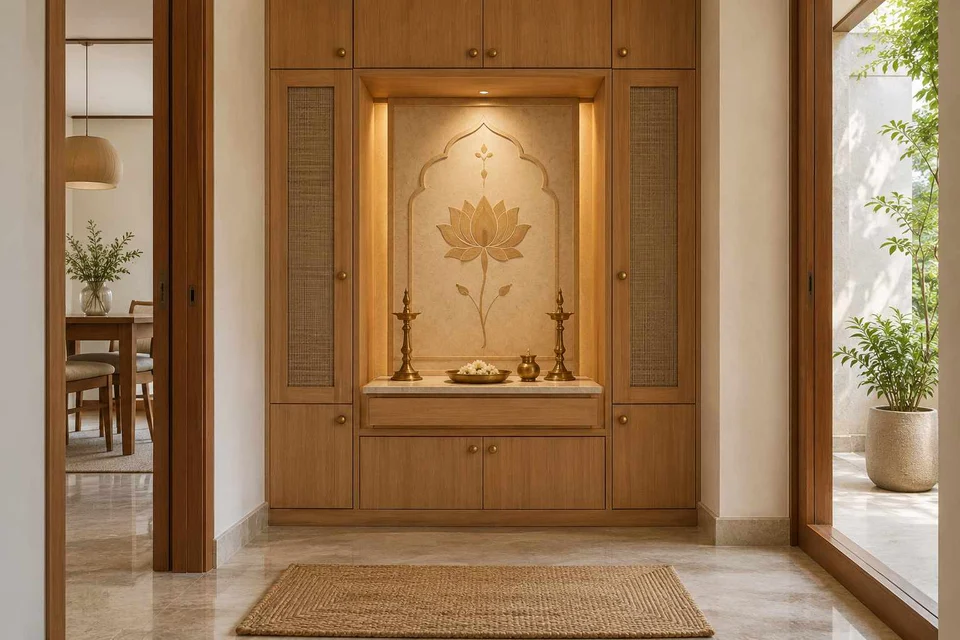 AI-generated puja room design concept: bridge-framed shrine, inlay atelier direction