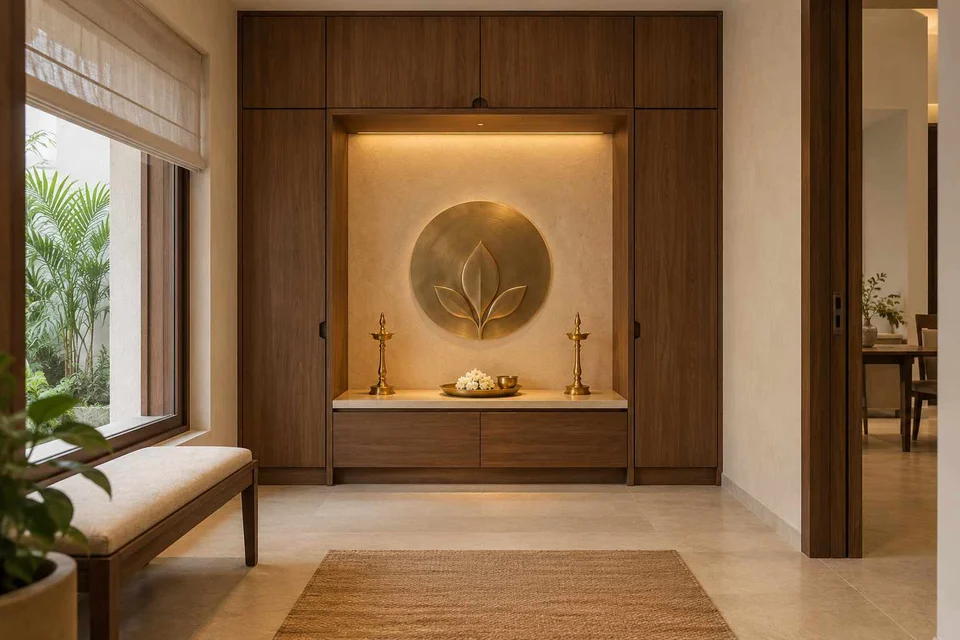 AI-generated puja room design concept: bridge-framed shrine, lime and walnut direction