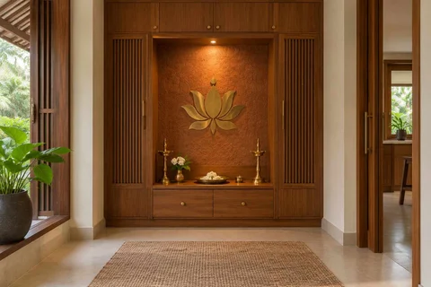 AI-generated puja room design concept: bridge-framed shrine, malabar timber direction