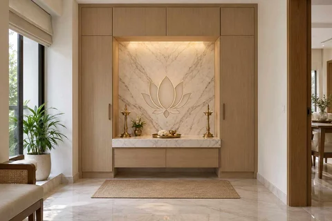 AI-generated puja room design concept: bridge-framed shrine, marble restraint direction