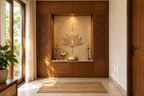 AI-generated puja room design concept: bridge-framed shrine, modern carved direction