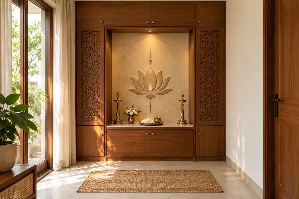 AI-generated puja room design concept: bridge-framed shrine, modern carved direction