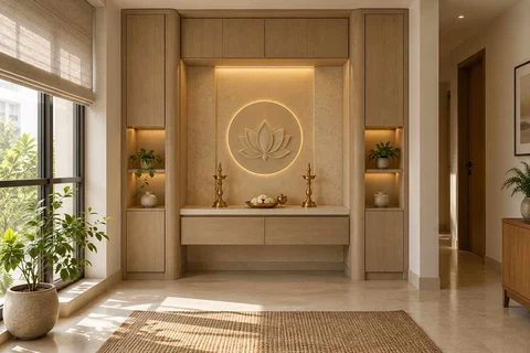 AI-generated puja room design concept: bridge-framed shrine, quiet contemporary direction
