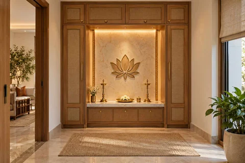 AI-generated puja room design concept: bridge-framed shrine, quiet transitional direction