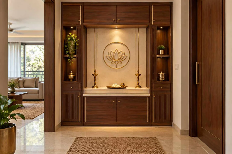 AI-generated puja room design concept: bridge-framed shrine, rosewood brass direction