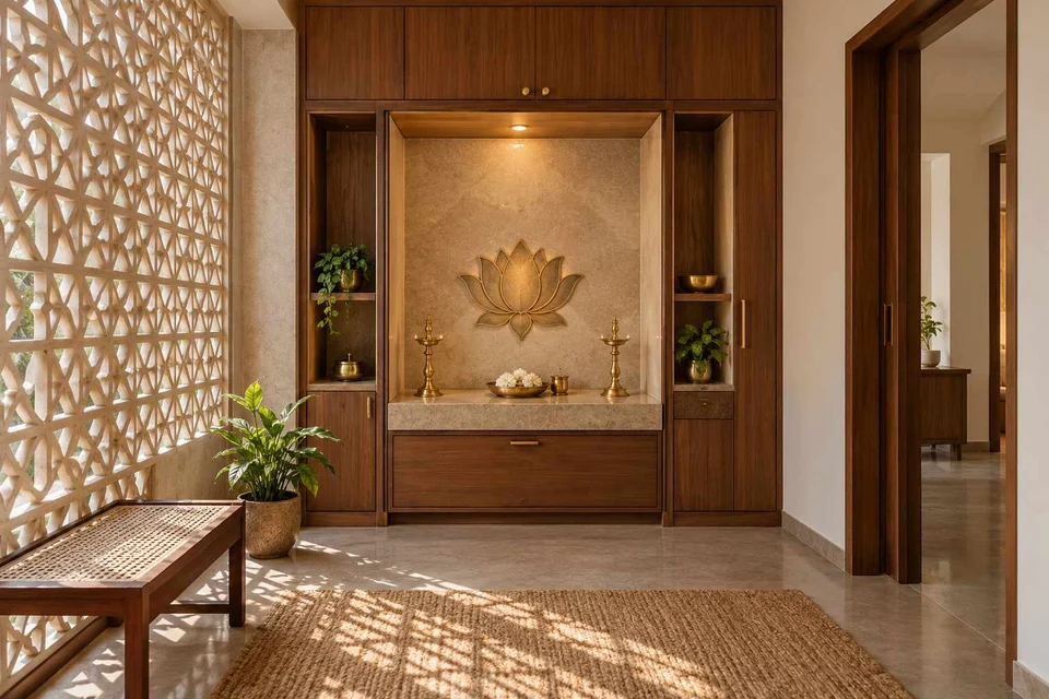 AI-generated puja room design concept: bridge-framed shrine, sandstone lattice direction