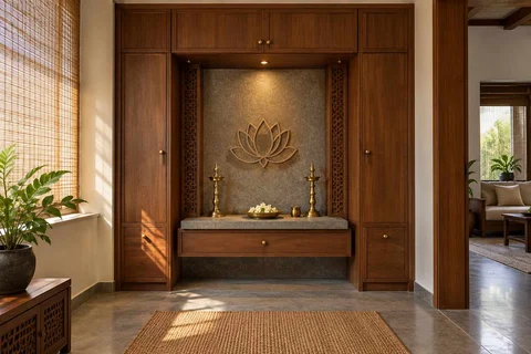 AI-generated puja room design concept: bridge-framed shrine, teak craft direction