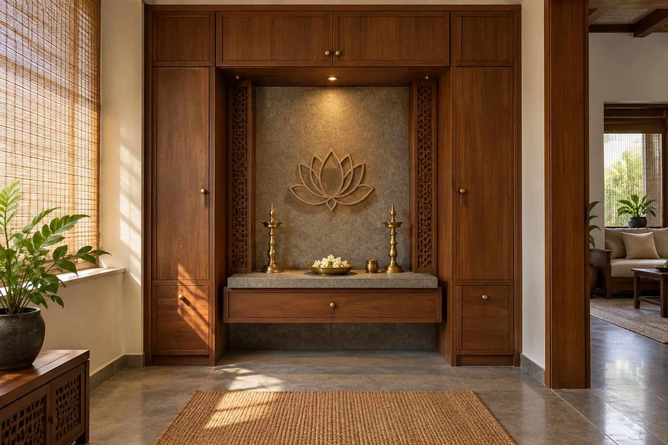 AI-generated puja room design concept: bridge-framed shrine, teak craft direction