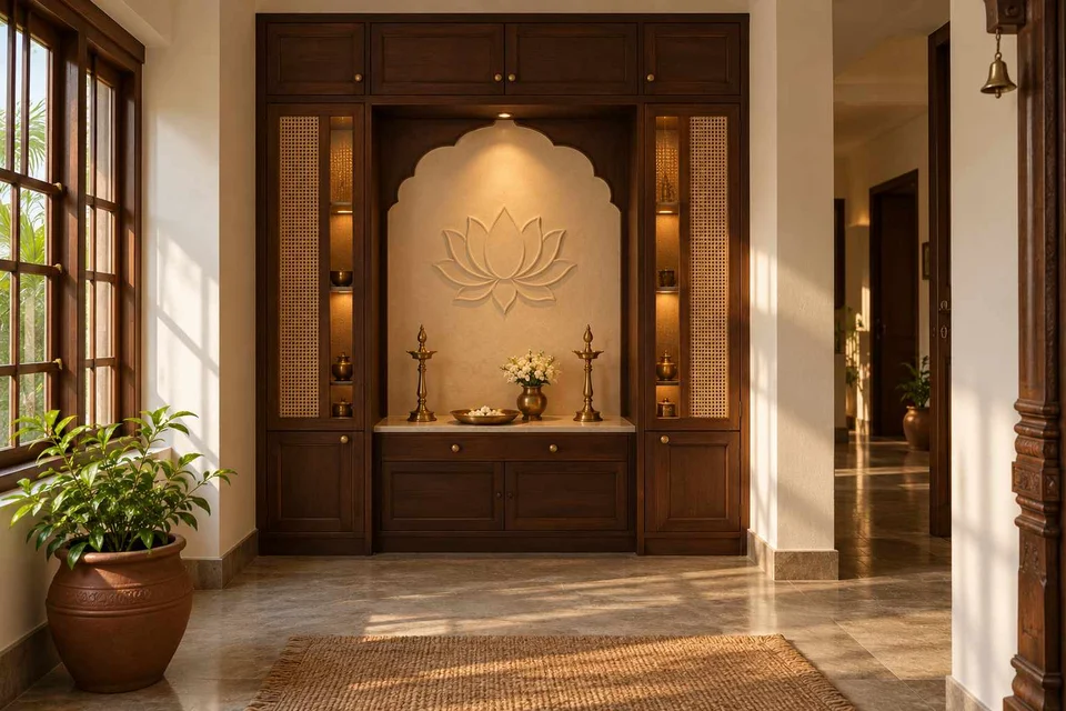 AI-generated puja room design concept: bridge-framed shrine, terracotta heritage direction