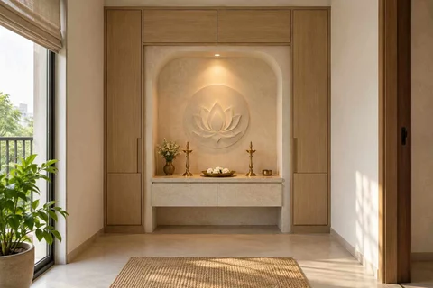 AI-generated puja room design concept: bridge-framed shrine, textured mineral direction