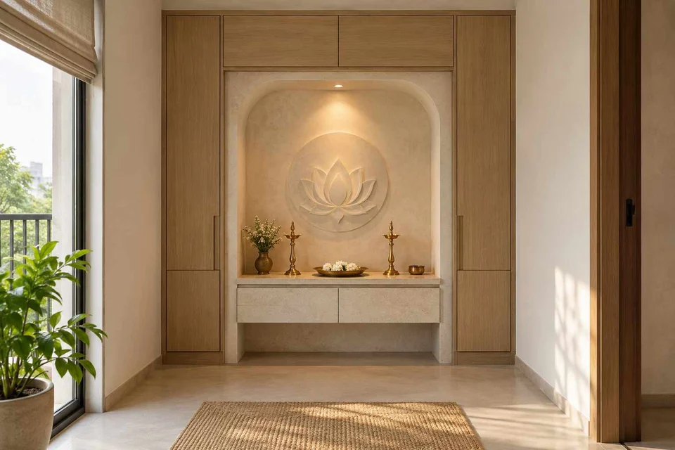 AI-generated puja room design concept: bridge-framed shrine, textured mineral direction