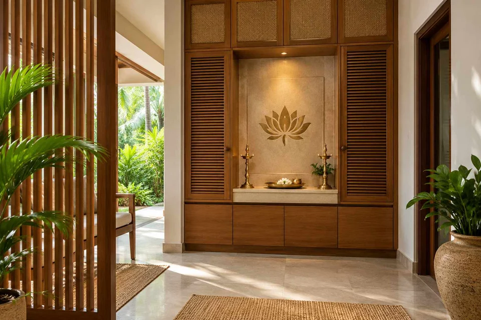 AI-generated puja room design concept: bridge-framed shrine, tropical slatted direction