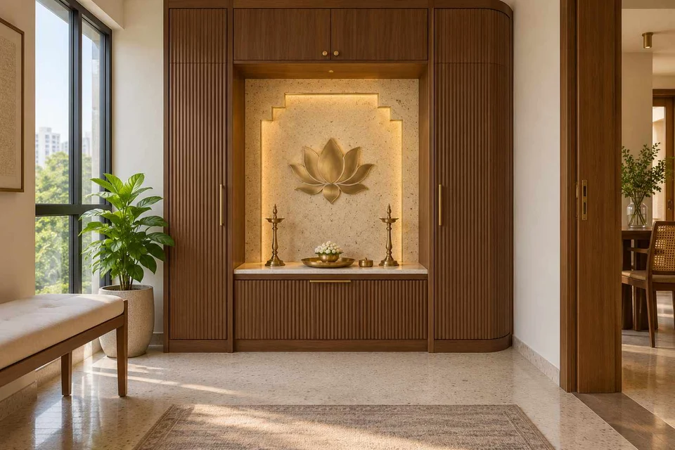 AI-generated puja room design concept: bridge-framed shrine, urban deco direction