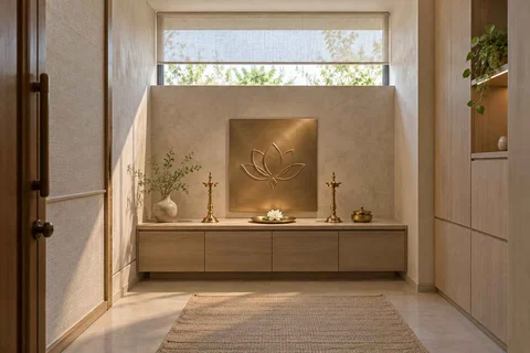 AI-generated puja room design concept: clerestory prayer room, ash and linen direction