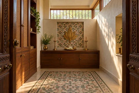 AI-generated puja room design concept: clerestory prayer room, chettinad tile direction