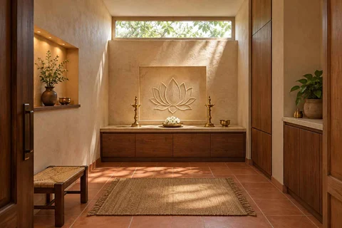 AI-generated puja room design concept: clerestory prayer room, clay artisan direction