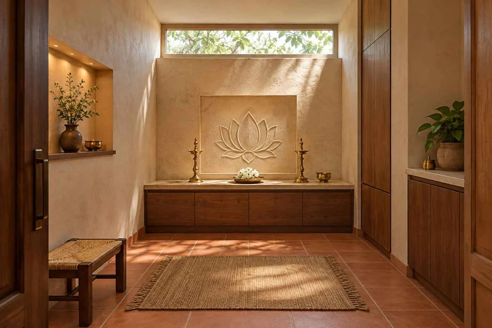 AI-generated puja room design concept: clerestory prayer room, clay artisan direction