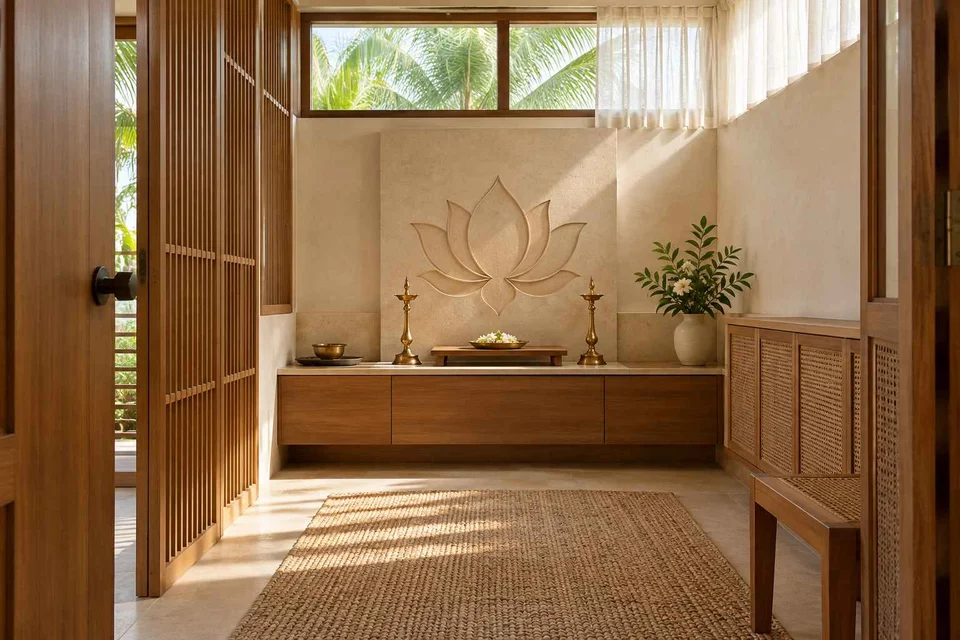 AI-generated puja room design concept: clerestory prayer room, coastal woven direction