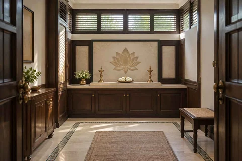 AI-generated puja room design concept: clerestory prayer room, colonial quiet direction