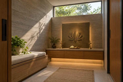 AI-generated puja room design concept: clerestory prayer room, concrete and oak direction