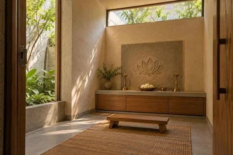 AI-generated puja room design concept: clerestory prayer room, courtyard modern direction