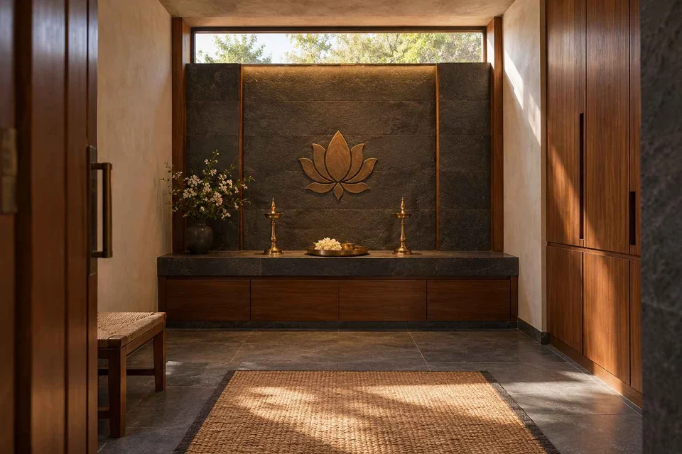 AI-generated puja room design concept: clerestory prayer room, deccan stone direction