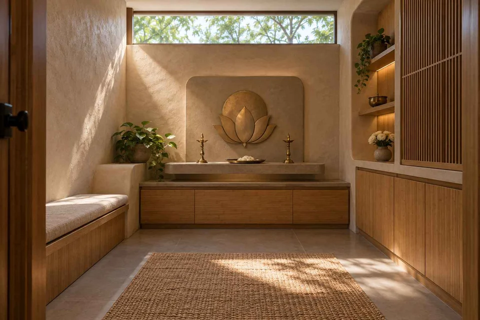 AI-generated puja room design concept: clerestory prayer room, earth and bamboo direction