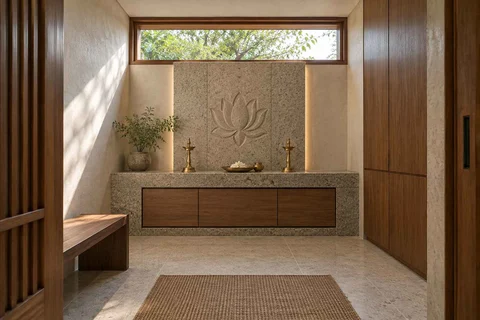 AI-generated puja room design concept: clerestory prayer room, granite precision direction