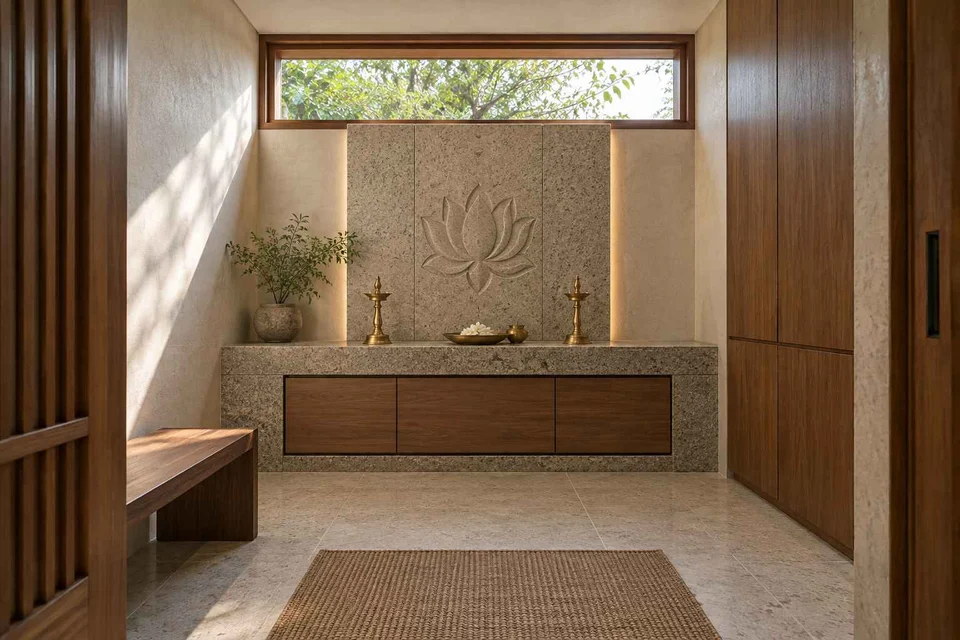 AI-generated puja room design concept: clerestory prayer room, granite precision direction