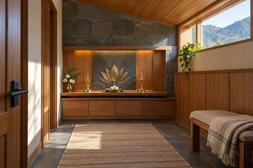 AI-generated puja room design concept: clerestory prayer room, hill timber direction
