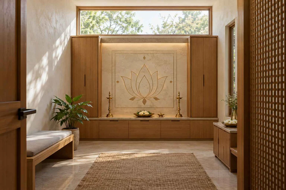 AI-generated puja room design concept: clerestory prayer room, inlay atelier direction