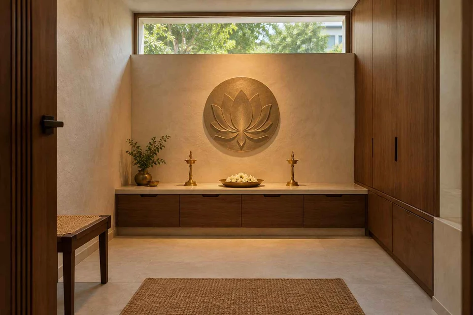 AI-generated puja room design concept: clerestory prayer room, lime and walnut direction