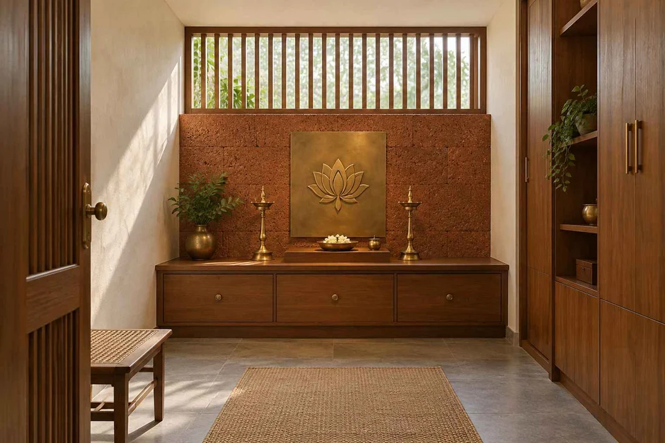 AI-generated puja room design concept: clerestory prayer room, malabar timber direction